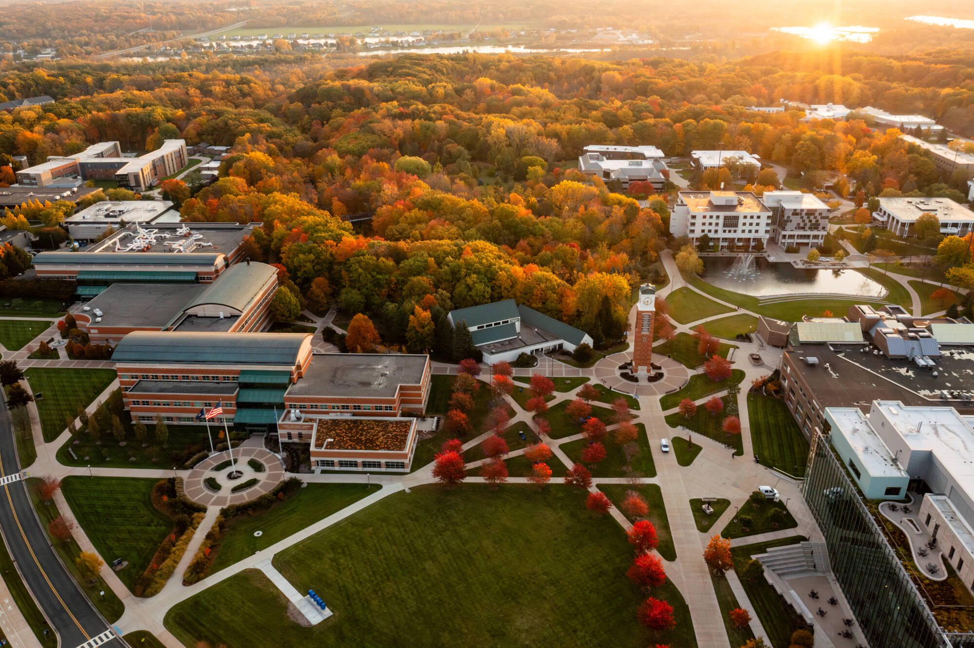 The Allendale campus featuring the clock tower taken during an early morning in the fall.